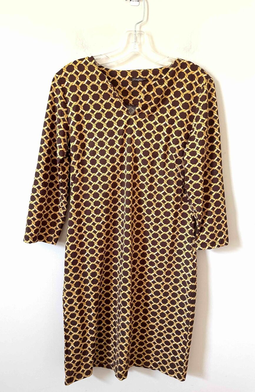 J. McLaughlin Chain Link 70's inspired Mod Shift Dress Brown Yellow Size Medium